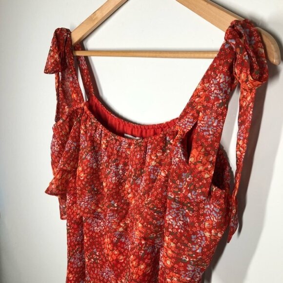 REBECCA Minkoff Jamie Ruffled Cold-shoulder Floral-print Top Red Multi Size XS - Picture 3 of 8